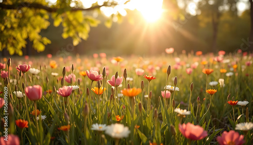 Fototapeta Naklejka Na Ścianę i Meble -  A vibrant meadow filled with colorful tulips and daisies, under a bright sunny sky, evoking feelings of spring and renewal  4K and HD image.