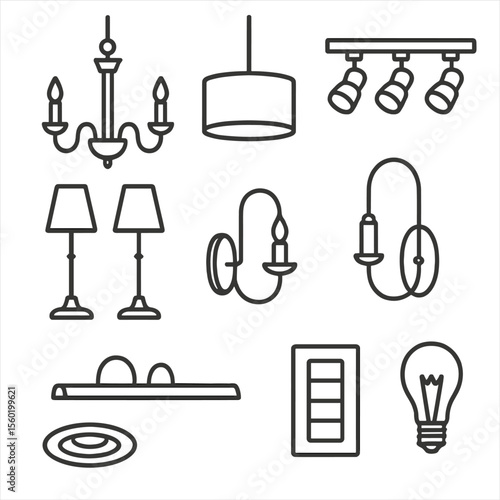 Dining Room Light Icons. Line style icons of Dining Room Statement Fixtures: chandelier arms, drum pendant, track spotlight trio,