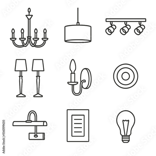 Dining Room Light Icons. Line style icons of Dining Room Statement Fixtures: chandelier arms, drum pendant, track spotlight trio,