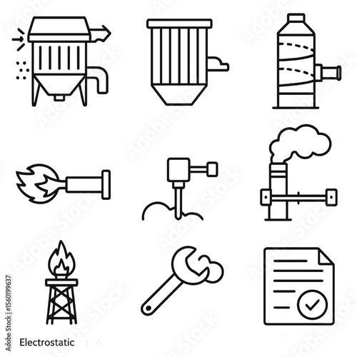 Industrial Emission Icons. Line style icons of Industrial Emission Controls: electrostatic precipitator, fabric baghouse filter,