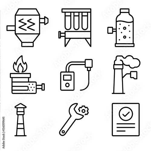 Industrial Emission Icons. Line style icons of Industrial Emission Controls: electrostatic precipitator, fabric baghouse filter,