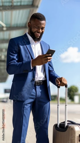 Smiling businessman in a blue suit using a smartphone while traveling with luggage on a sunny day.