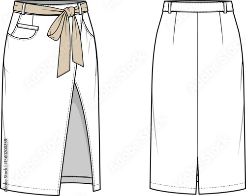 Elegant pencil skirt technical fashion flat, front and back view, bow belt detail, CAD drawing, vector illustration for design