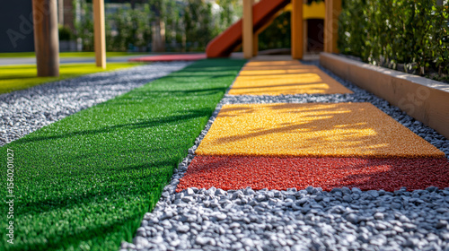 Ground Materials Rubber flooring or engineered wood fiber is preferred for safety. Grass, sand, or pea gravel may be used but are less fall-absorbing. 