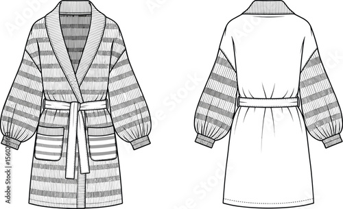 Fashion cad drawing of a belted striped knit robe with front pockets, balloon sleeves, back view included, flat vector illustration