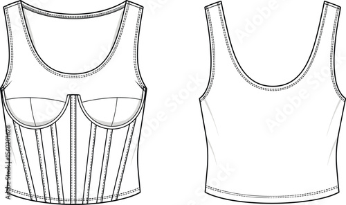 Front and back cad drawing flat vector illustration of modern women’s crop top with structured corset seam detailing and scoop neck