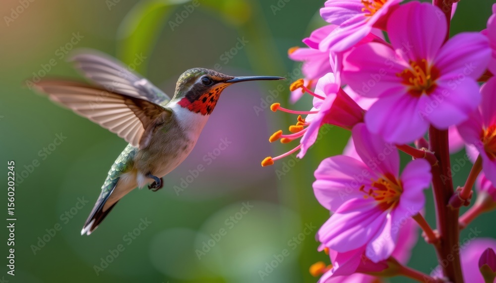 Fototapeta premium A Ruby-Throated Hummingbird, gracefully hovering near a cluster of vibrant pink flowers, showcasing the delicate beauty of nature