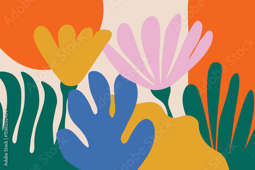 Abstract hand drawn flowers in bright colors. Floral doodle art vector design. Trendy banner template with copy space