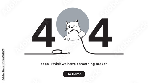Error 404 background template.  banner Page not found. Cable bitten by cat