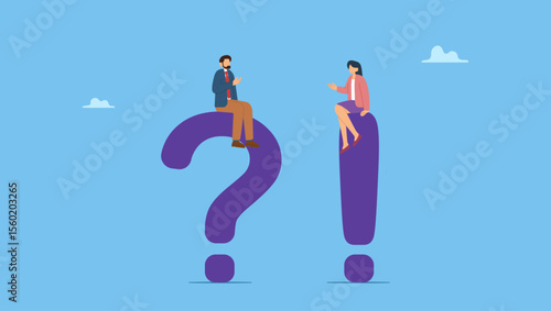 Businessman and businesswoman ask and answer questions. Question and answer, Q and A, FAQ, frequently asked questions, discussion to get solution to solve problem, brainstorm conversation or quiz.