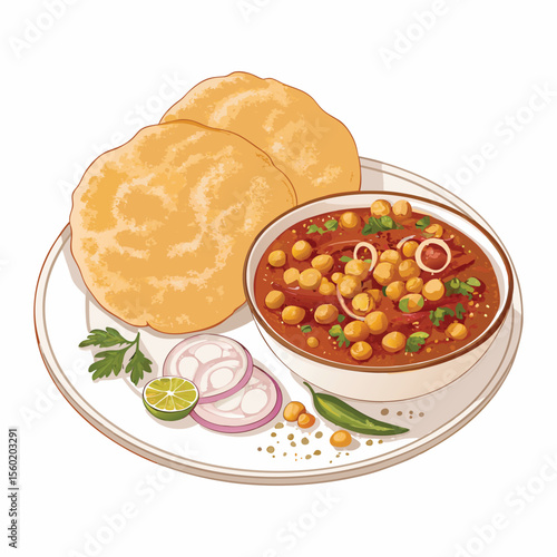 vector illustration of an indian food Chole Bhature (Chickpea Curry with Fried Bread)