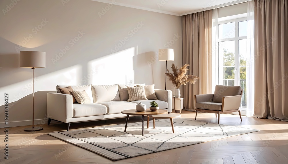 Fototapeta premium Sunlit living room with beige sofa, armchair, and coffee table, showcasing a calm and elegant interior design.