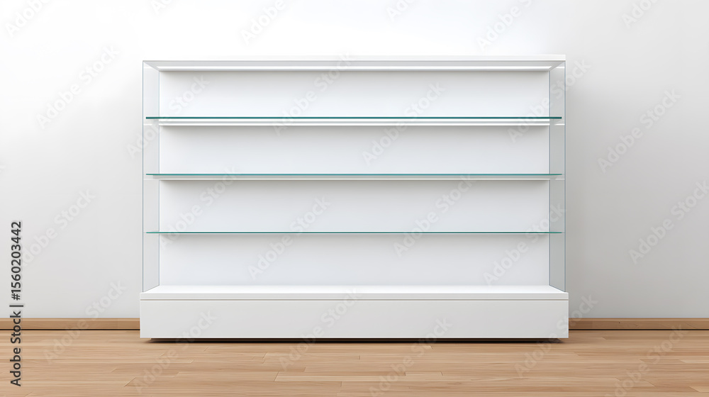 Fototapeta premium Transparent empty glass display shelves on soft background for product mockup or interior design.