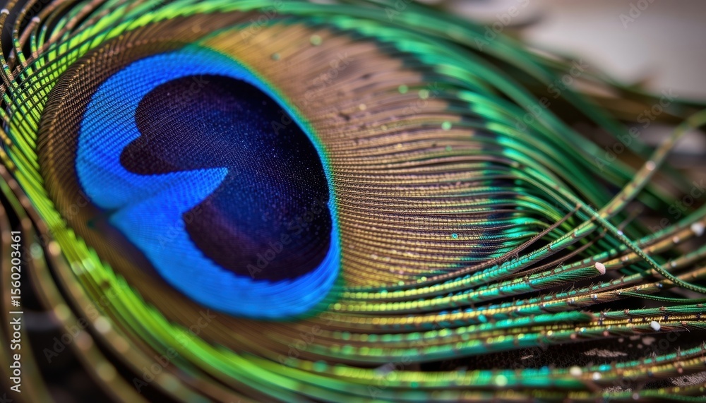 Fototapeta premium A captivating close-up of a vibrant peacock feather, with its intricate details and rich colors displayed