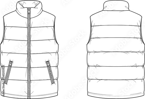 Front and back view cad drawing flat vector illustration of padded puffer vest with zipper closure and side pocket details