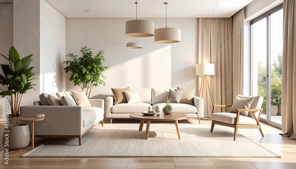 Fototapeta premium A bright and airy living room featuring modern furniture and natural light.