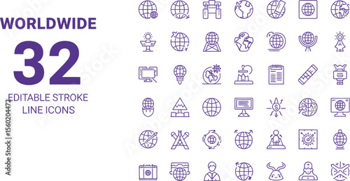Download editable stroke line icons of worldwide global network communication and business elements vector set