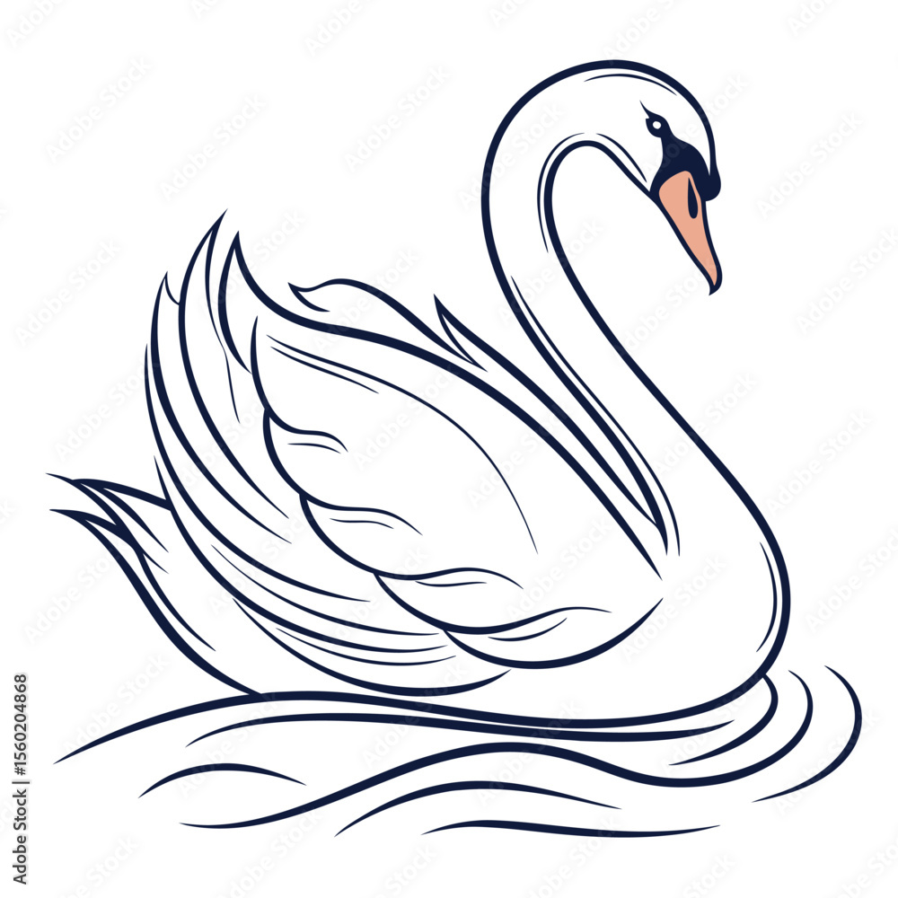 Fototapeta premium Elegant Swan Gliding Vector – Graceful Bird Illustration on White 4K Background