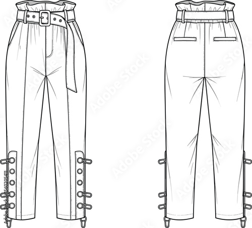 High waist belted trousers technical sketch, ankle strap detail, front and back view, fashion cad template, stylish vector illustration