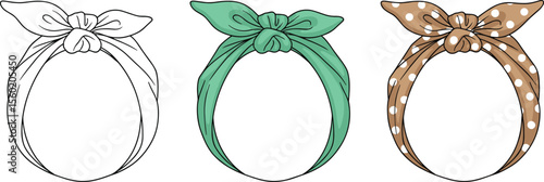 Hand drawn headband illustrations, vector fashion accessory set, retro style knotted bandana, stylish hair wrap collection, isolated on white