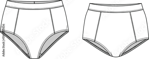 High waist women underwear technical sketch, front and back view, flat design, vector fashion drawing, seamless panties CAD illustration