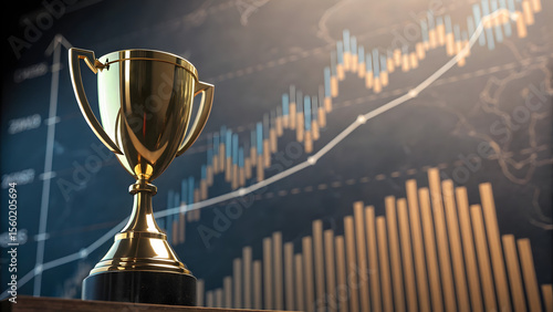Golden trophy symbolizing success and achievement against a backdrop of financial charts.