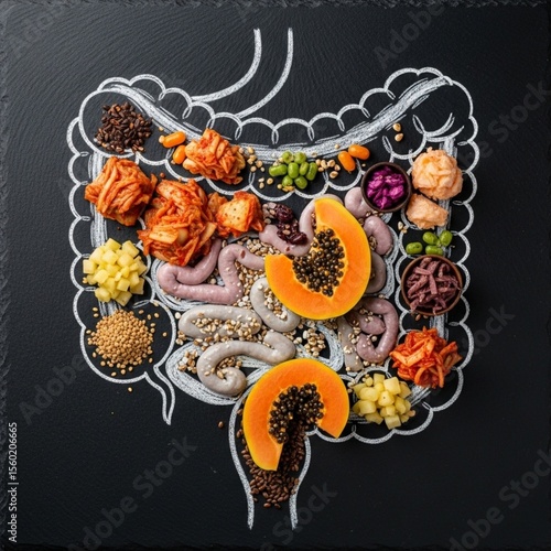 Artistic representation of the human digestive system filled with various healthy foods.