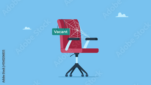Vector illustration of office chair with sign vacant covered by spider web. Metaphor of labor shortage, worker needed not enough skill staff to fill in job vacancy, help wanted or employment demand.
