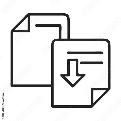Two simplistic line drawings of documents, one featuring a downward arrow, symbolizing downloading or saving.