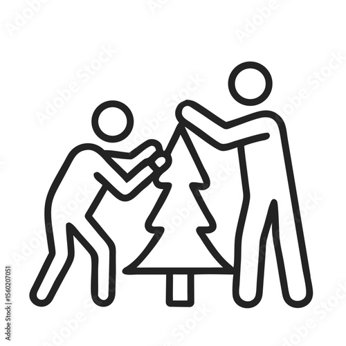 Two figures assembling a Christmas tree, celebrating the holiday spirit in a minimalistic style.