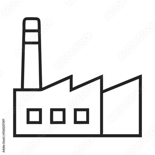 A minimalist black and white illustration of a factory, featuring a tall smokestack and geometric shapes.