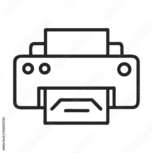 A minimalistic black and white illustration of a desktop printer printing a sheet of paper.