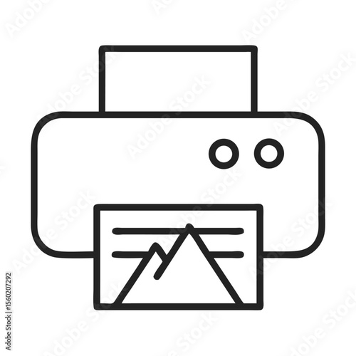 Minimalist illustration of a printer with a printout showing a mountain landscape.