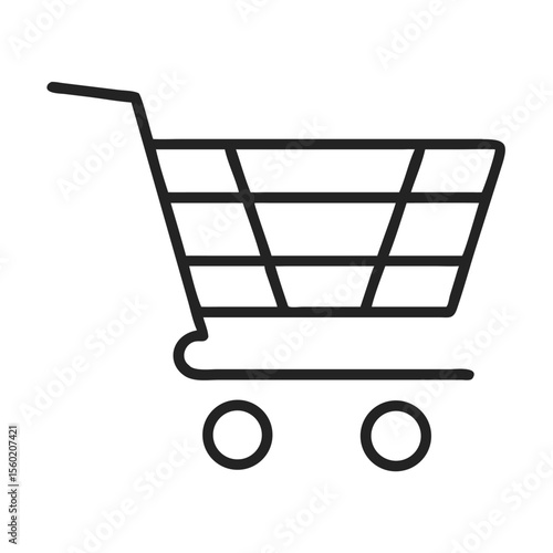A simple black outline of a shopping cart on a white background, symbolizing e-commerce and retail.