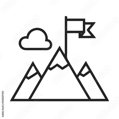 A minimalist black outline illustration of mountains with a flag atop, symbolizing achievement and adventure.