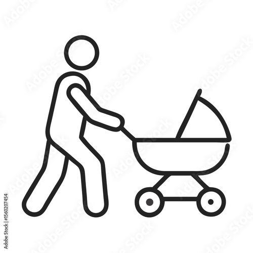 A simple line drawing of a person pushing a baby stroller, symbolizing parenthood and care.