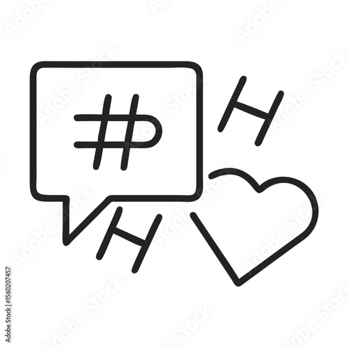 Linear illustration of a speech bubble, hashtag, and heart symbol, representing social media communication.