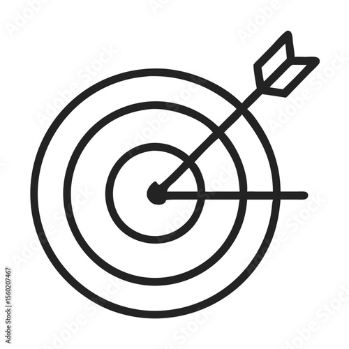 A simple black and white illustration of a dartboard with an arrow hitting the center.