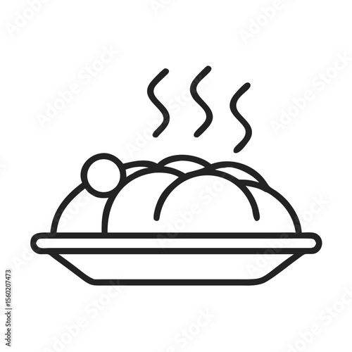 A steaming plate of spaghetti with a meatball, presented in a simple, minimalist style.