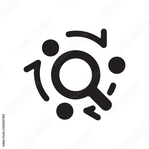 minimalist black magnifying glass with arrows and dots icon on white