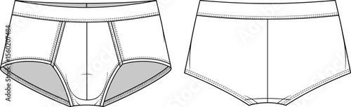 Men’s underwear technical flat sketch, front and back view, fashion cad drawing, vector template, detailed outline, garment design illustration