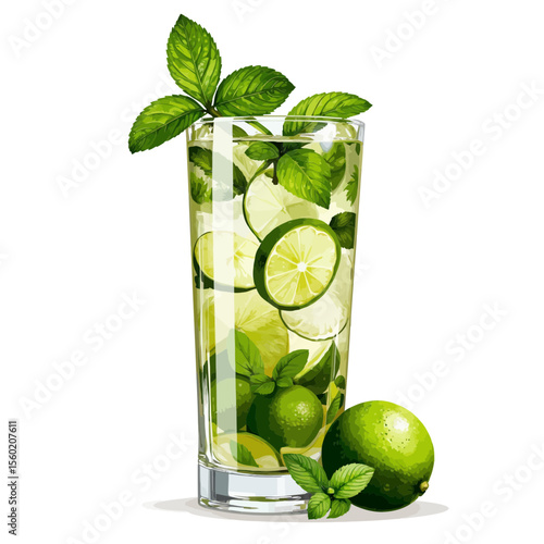 Refreshing mojito cocktail with mint and lime in clear glass  
