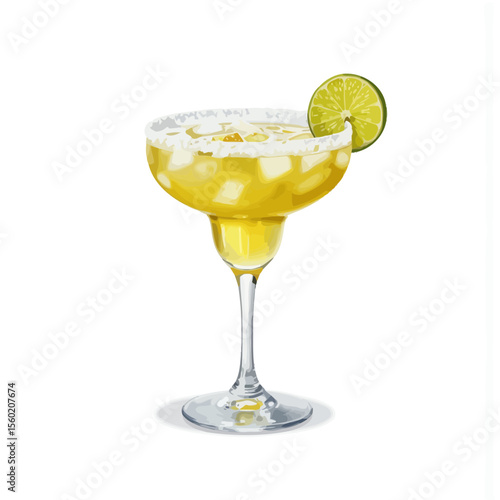 Yellow margarita cocktail with ice and lime slice on glass  