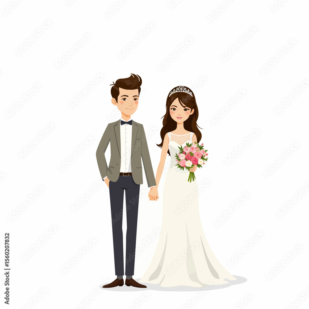 Cartoon couple in wedding attire holding hands with bouquet Cartoon couple in wedding attire holding hands with bouquet