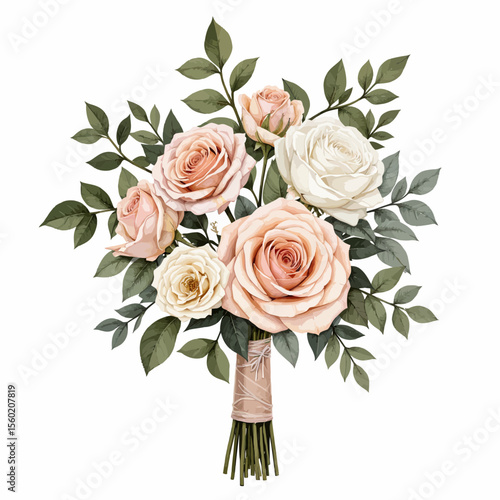 Bouquet of pastel roses and greenery wrapped in twine  