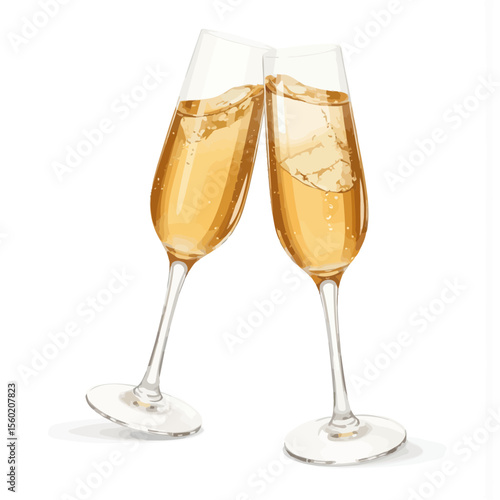 Champagne flutes clinking together with sparkling liquid inside  