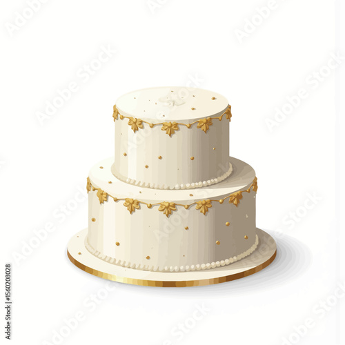 Elegant two-tiered wedding cake with gold decorations on white background  
