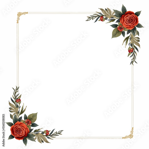 Floral frame with red roses and green leaves on white background  