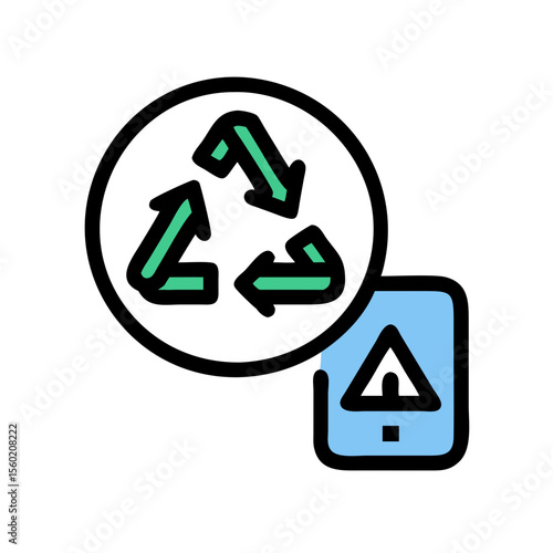 Stylized recycling symbol with a warning sign on a smartphone, representing awareness of electronic waste