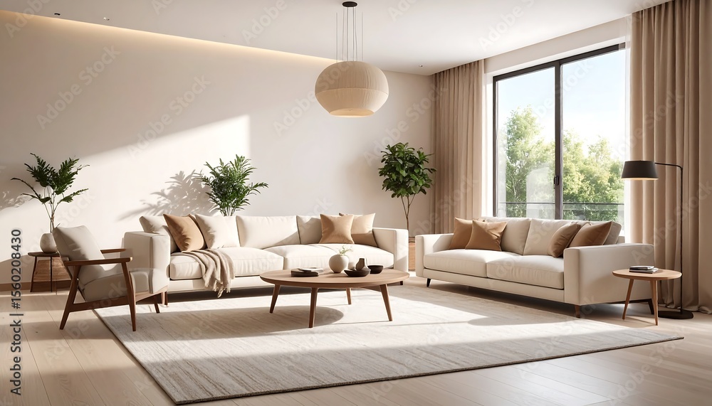 Fototapeta premium A bright, modern living room with beige sofas, plants, and natural light.